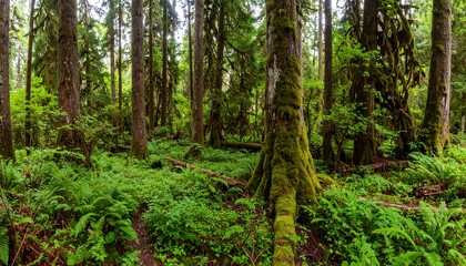 Fototapeta premium Lush green forest floor, towering trees