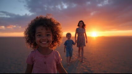 Joyful family walks on the beach at sunset with children smiling
