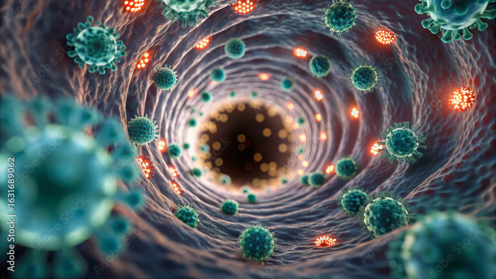 Poster rsv concept ,microscopic view of internal airways showing mucus trapping rsv virus particles, illust