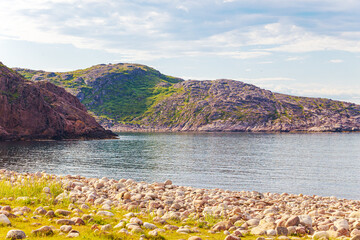 Fototapeta premium Beautiful northern landscape in the Teriberka Nature Park on the shore of the Barents Sea.