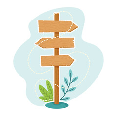 Wooden Direction Sign – Rustic Trail or Beach Signpost Vector Illustration