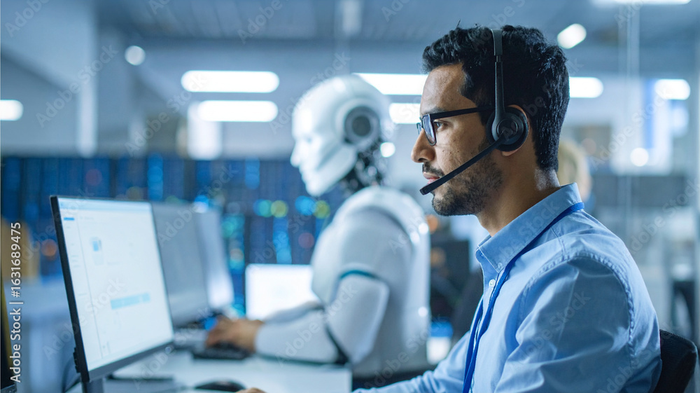 Poster an engineer and robot are in a modern office setting working together