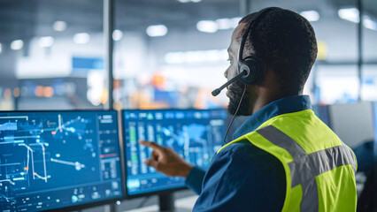 A man at work wearing a headset is in front of the screen. The man appears focused on his work