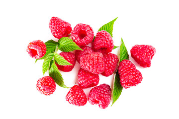 Ripe shiny raspberries with leaves isolated on white background.