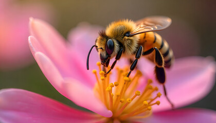 Close-Up of a Bee on a Pink Flower &ndash; Stunning Macro Photography of Pollination in Nature