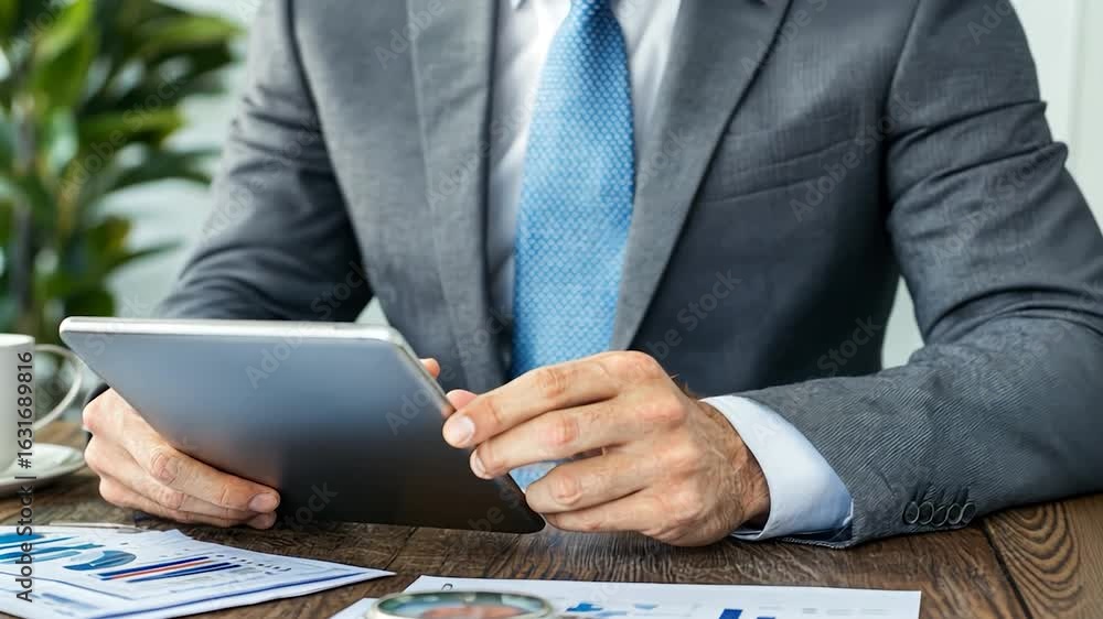 Poster man in a suit using a tablet at a wooden table.