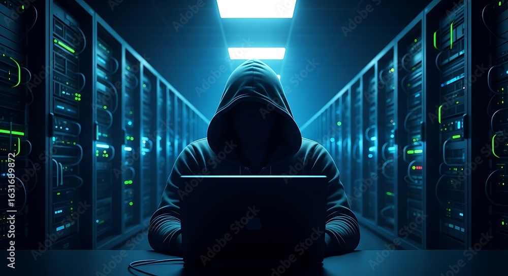 Poster a hooded hacker is using a laptop in a server room for cybersecurity