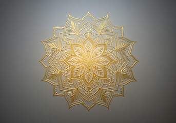 Golden mandala pattern etched into a frosted glass surface, backlit with a subtle glow, high contrast.