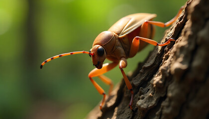Close-Up of a Vibrant Insect Climbing Tree Bark, Nature Macro Photograph