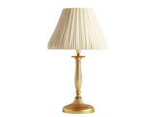 Elegant antique brass table lamp with a pleated cream lampshade isolated on transparent background
