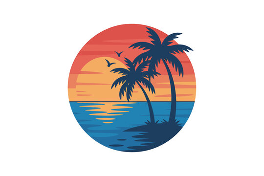 Tropical beach sunset with palm trees vector illustration vacation paradise getaway summer vibes and serene waters reflecting the colorful sky