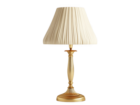 Elegant antique brass table lamp with a pleated cream lampshade isolated on transparent background