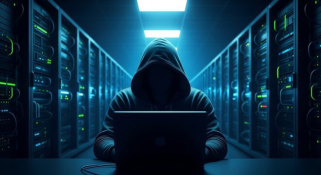 A hooded hacker is using a laptop in a server room for cybersecurity