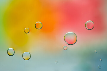 Translucent oil bubbles floating on a striking multicolor background of orange, red, green, and yellow. Dynamic and vibrant.