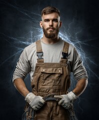 A man in work overalls in uniform with gloves, standing confidently. Background features abstract electrical elements. An experienced electrician at work.