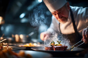 Fototapeta premium Chef in hotel or restaurant kitchen cooking