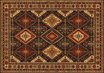 Intricate colorful vector design of a Persian carpet with repeating geometric patterns, vibrant reds, blues, and golds, detailed ethnic clipart, symmetrical Arabic rug elements, flat lay, studio light