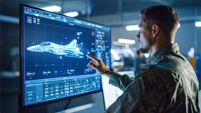 An engineer working on aircraft design, interacting with a large digital display - Powered by Adobe