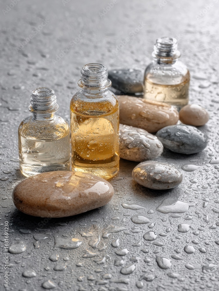 Poster Aromatherapy Oils Displayed With Smooth Stones on a Wet Surface During a Serene Spa Session in a Calming Environment