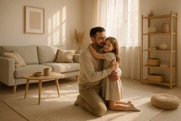 Father and Daughter Hugging in Neutral Toned Living Room