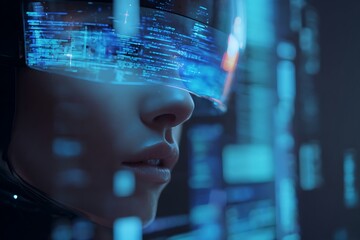 Immersive futuristic experience with augmented reality headset displaying data streams