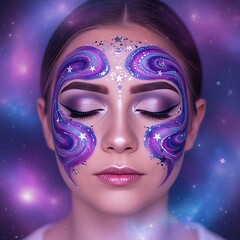 A woman with galaxy face makeup, showcasing creative cosmetic art and design. The space-inspired style highlights beauty and expression in a dreamy portrait.