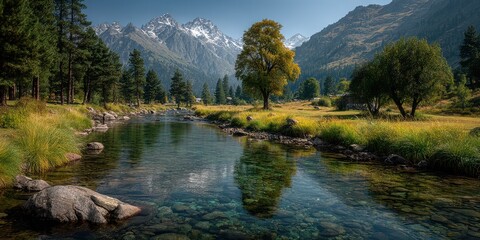 Scenic river reflection of mountains and trees in a tranquil landscape during daytime