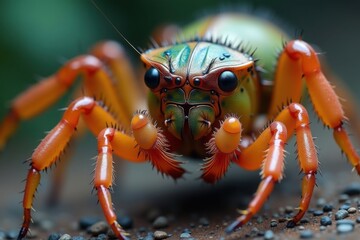 A Close Up Macro Shot of a Vibrant Green and Orange Jumping Spider Displaying Its Intricate Details and Multiple Eyes