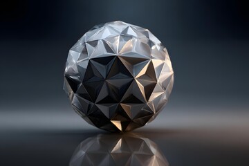 Geometric low poly sphere with reflective facets and dramatic lighting