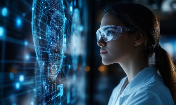 Female pharmaceutical scientist analyzing artificial intelligence in a medicine lab for drug development. AI research lab focusing on innovation in healthcare and biotechnology, Generative AI