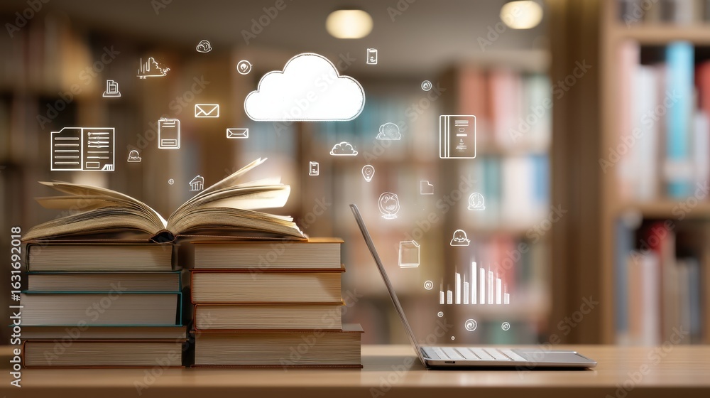 Poster a workspace filled with books a laptop and digital icons representing the intersection of traditiona