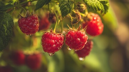 The Fresh Raspberries Glistening with Morning Dew in a Lush Garden