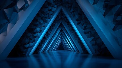 Futuristic abstract tunnel made of repeating triangular structures in blue tones