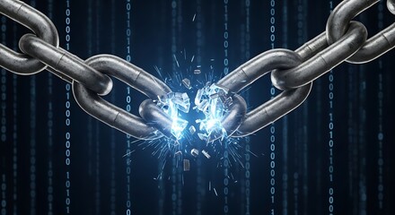 Broken chain representing blockchain technology disruption with binary code background