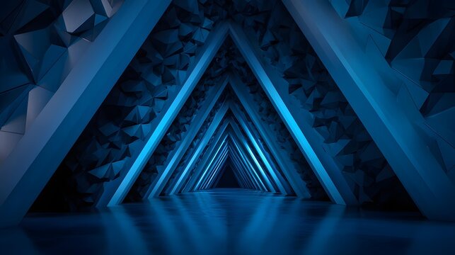 Futuristic abstract tunnel made of repeating triangular structures in blue tones