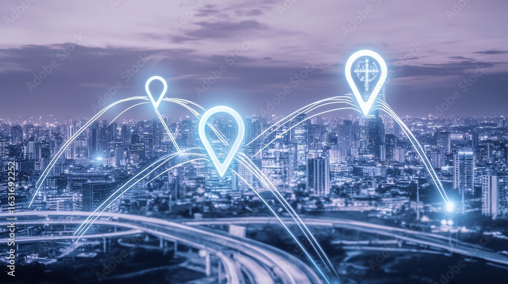 Aufkleber aerial view of a modern bustling city skyline at dusk with illuminated navigation symbols and interc