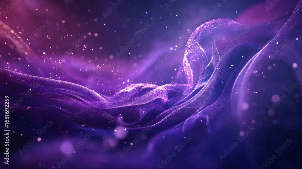 Poster abstract purple nebula with glowing particles and flowing waves in a cosmic scene backdrop effect