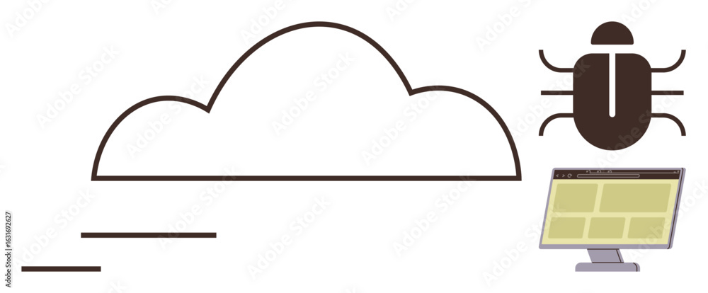 Aufkleber cloud with a bug icon near a monitor representing cybersecurity risks, data protection, software iss