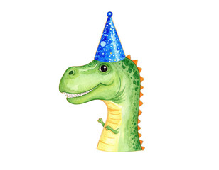Friendly green Tyrannosaurus Rex cartoon wearing a sparkly blue party hat smiling.