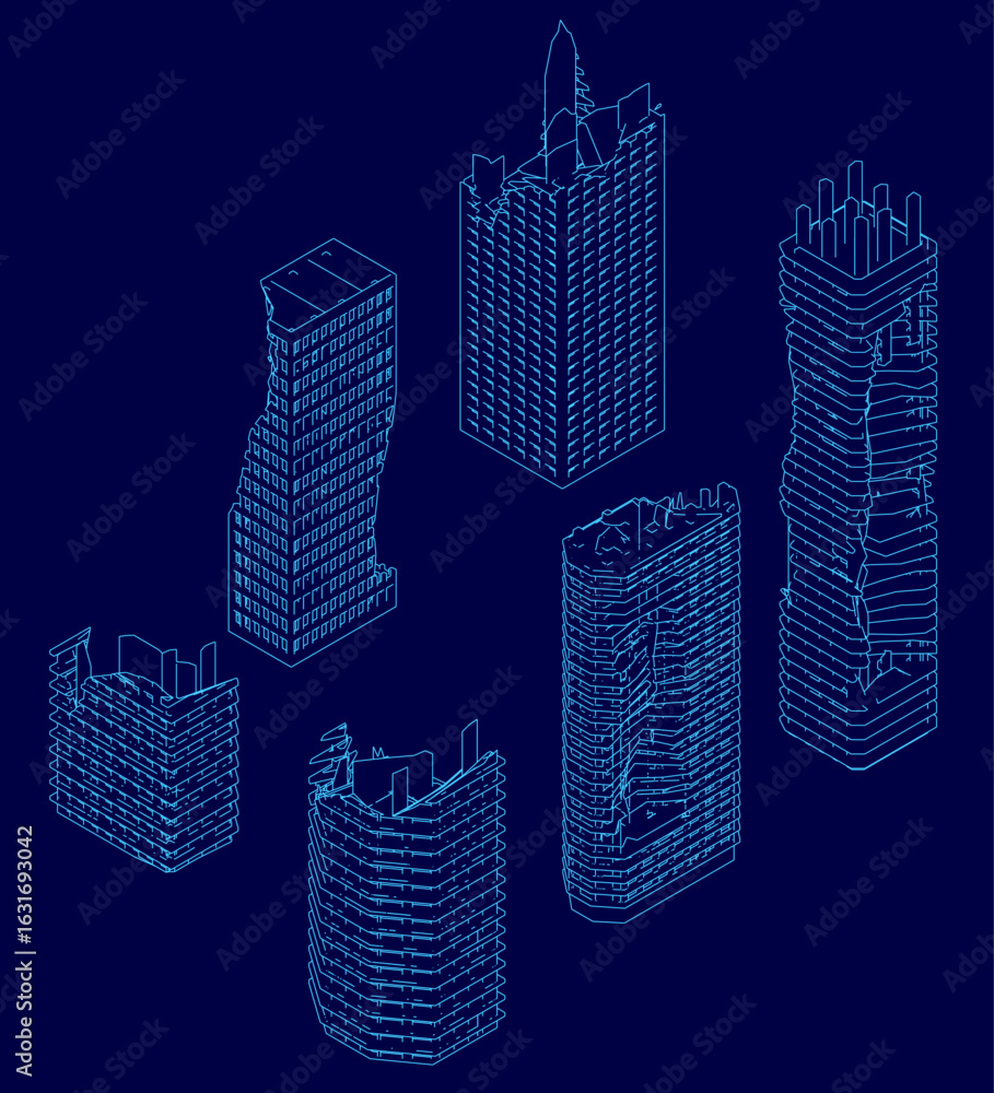 Poster ruined skyscrapers with unique contours stand against a stark blue background. each building has a d