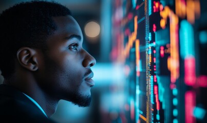 Side profile of a Black female medical scientist examining artificial intelligence in DNA double helix research in a genetic engineering lab. Innovation in healthcare and biotechnology, Generative AI
