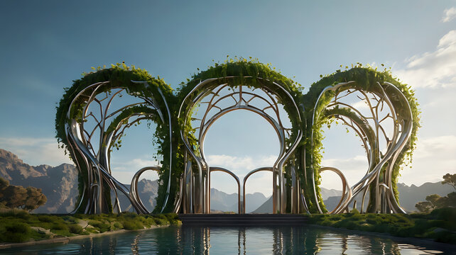 3D concept of a nature temple reimagined as a futuristic structure — vines covering polished metal arches, glowing glyphs, and hovering flora