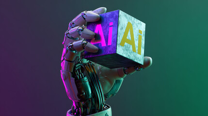 Close-up of a robotic hand holding a cube with the letters 'AI'. Green and purple colors. Concept of technology, progress, advancement. Artificial Intelligence