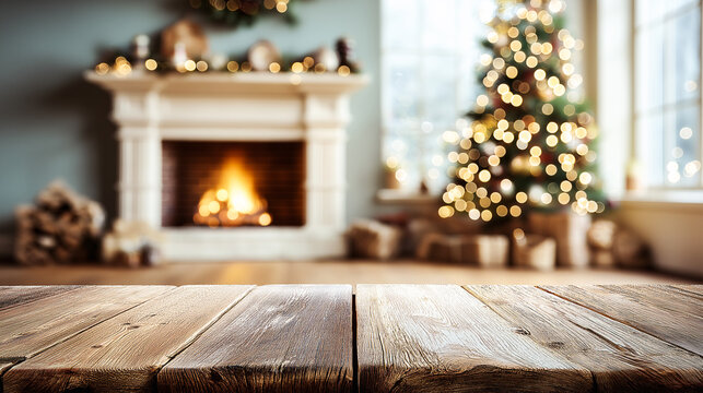 Warm holiday interior with glowing fireplace, decorated Christmas tree, and rustic wooden table. Ideal for festive advertising and seasonal design.
