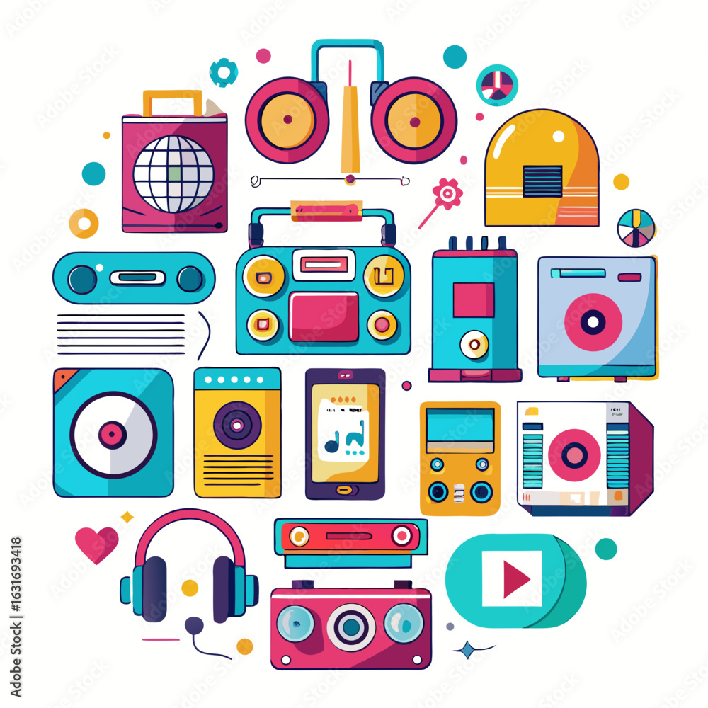 Poster a colorful collection of retro and modern music devices arranged in a circular pattern