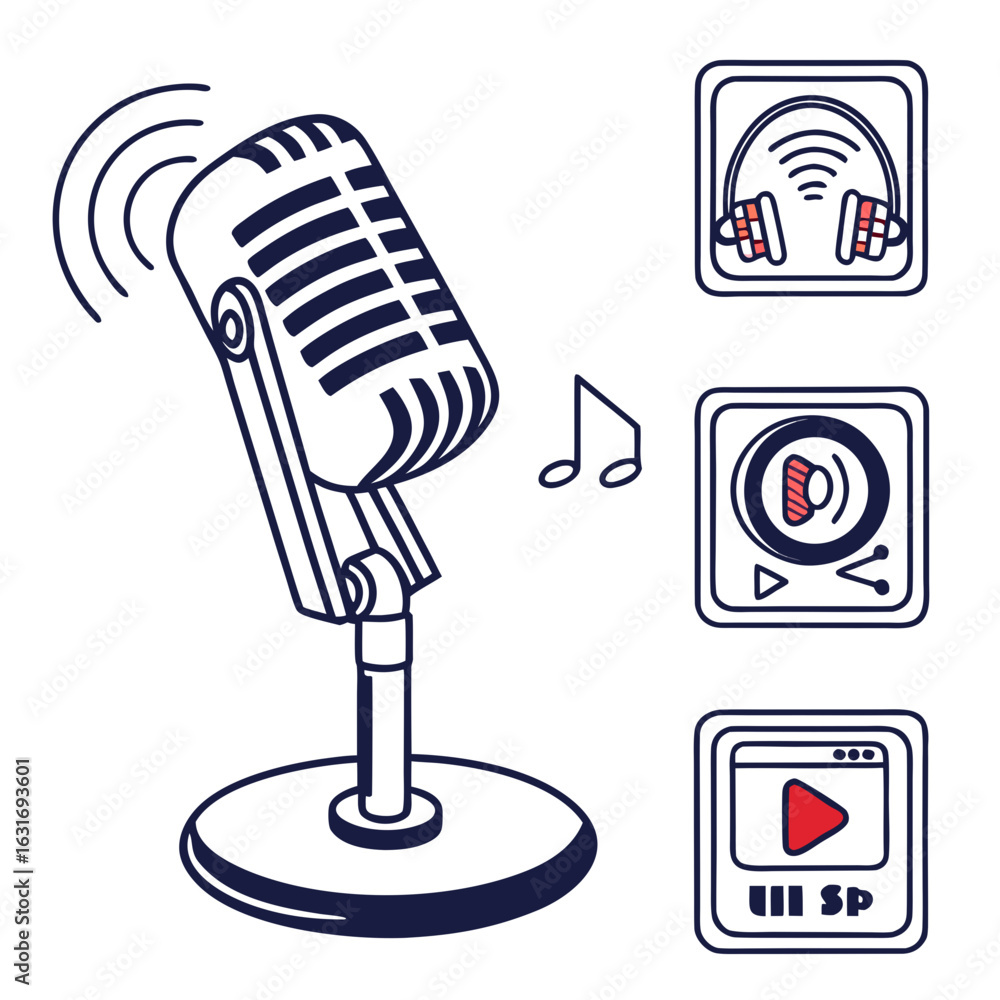 Aufkleber Retro microphone with audio icons and musical notes representing sound and broadcasting