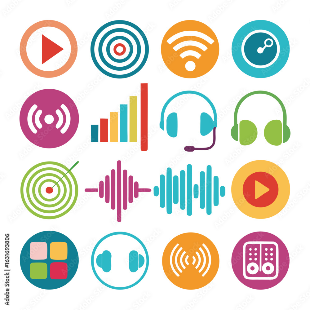 Poster collection of colorful circular icons representing audio media and technology concepts