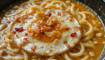 Creamy Garlic Butter Ramen with Jammy Egg, Garlic Chips, and Red Pepper Flakes – Close-Up Comfort Food