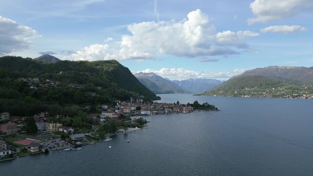 Aerial Approach to Pella, Lake Orta, Italy &ndash; Scenic Drone View of Lakeside Village and Mountains