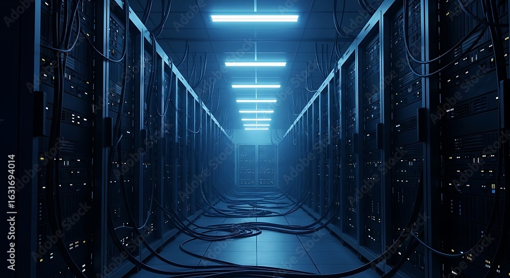 Poster a server room with rows of racks and cables for data storage and networking